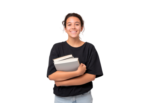 Woman student holding books smiling on transparent background, PNG