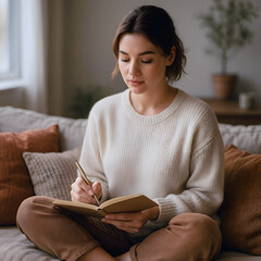 A young woman sitting on a couch, writing in a journal with a pen