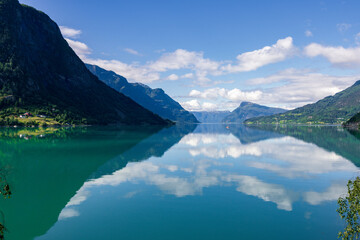 Beautiful view of lustrafjorden fjord in a sunny day near Gaupne (Norway)