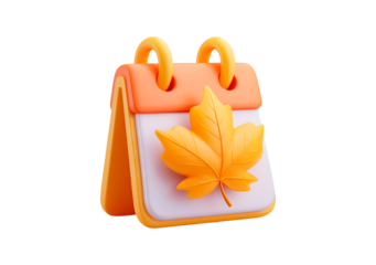 Autumn calendar icon with orange leaf and spiral binding design on transparent background, PNG	