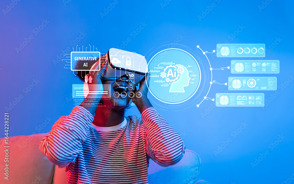 Poster a person engages with virtual reality technology, showcasing the intersection of artificial intellig