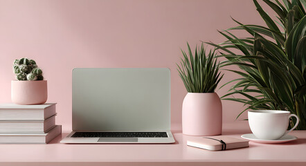 Fototapeta premium Clean minimalist workspace featuring laptop plant and notepad perfect for modern business and creative professionals