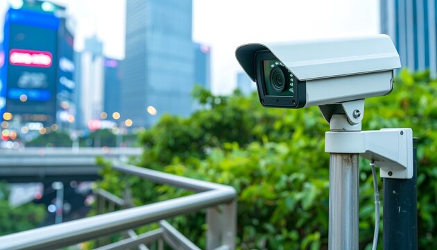 Security camera atop city overpass