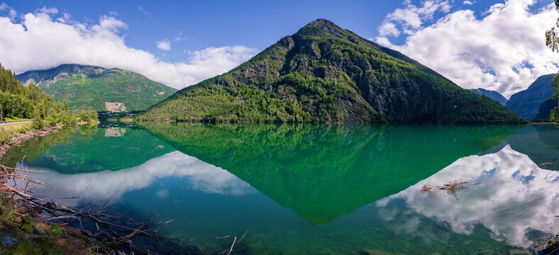 Beautiful view of lustrafjorden fjord in a sunny day near Gaupne (Norway)