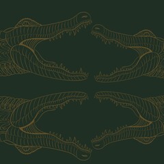 Artistic texture, made with fine lines in an elegant shade of yellow, with crocodiles, on a dark green background.