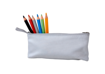 Colorful pencils in white pencil case on transparent background, PNG