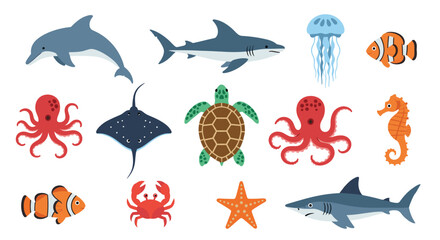 Illustration of various sea creatures including sharks, dolphins, and invertebrates present here