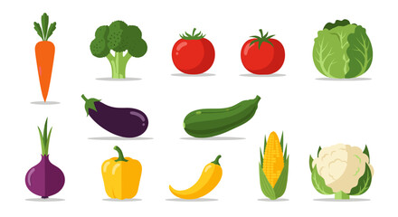 Illustration of various fresh vegetables including carrots broccoli and tomatoes in a bright and colorful style