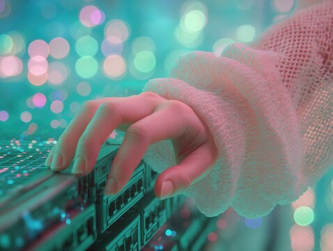 Elegant hand interacting with glowing network server equipment, signifying innovation and data flow