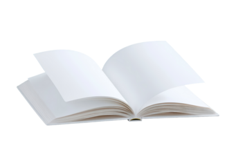 Open blank book with flying pages on transparent background, PNG	