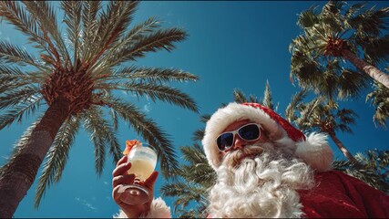 Santa Claus enjoying a tropical vacation, sipping a cocktail under palm trees with a clear blue sky. Relaxed holiday vibe with festive charm and sunny paradise background. - Powered by Adobe