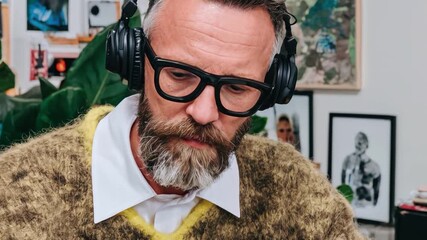 Trendy man in stylish clothes works creatively from his modern home office, blending fashion and productivity in a vibrant, inspiring workspace.