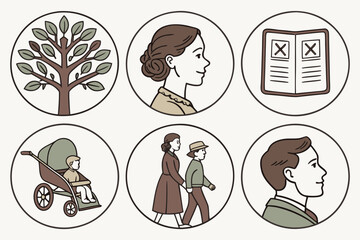 Vector art of vintage family history icons isolated on white background in circle shape