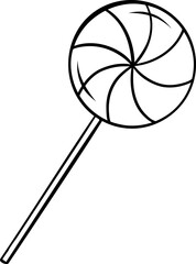 Fun striped lollipop vector in doodle art style. Black and white outline drawing for holiday crafts, bakery logos, or seasonal decorations