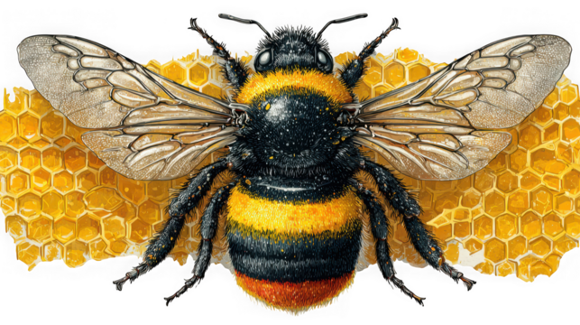 A detailed illustration of a bumblebee with striped fuzzy body and large wings resting on a honeycomb, isolated on a transparent background