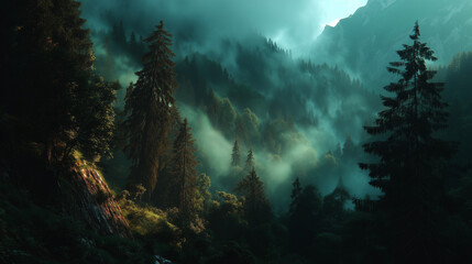 Expansive mist-covered valley with towering fir trees, layers of atmospheric fog drifting through the forest, golden morning light filtering softly
