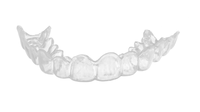 High resolution transparent dental mouth guard with smooth glossy surface and detailed tooth impressions, photographed from the front against white background with minimal shadows, studio lighting