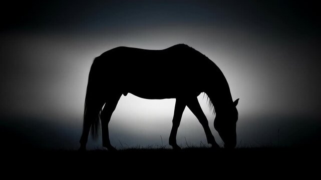 Horse silhouette grazing at dawn