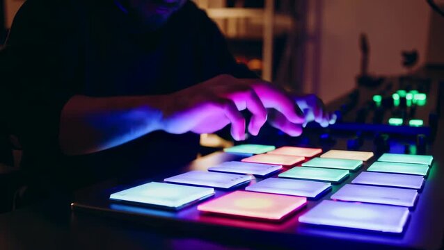 Male DJ Mixing Electronic Music on Colorful Beat Pad in Studio