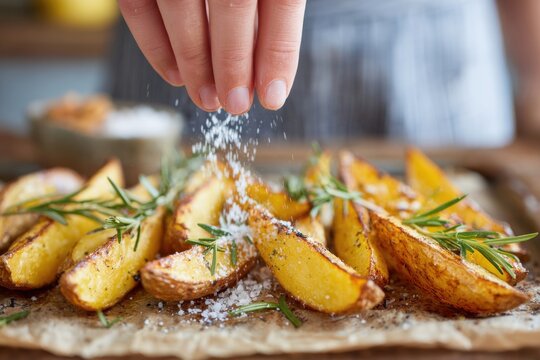Chef sprinkling salt on roasted potato wedges with rosemary
