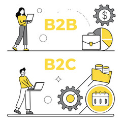 B2B vs. B2C E-commerce Models – Vector Yellow Infographic for Online Business Strategy Adobe Illustrator Artwork