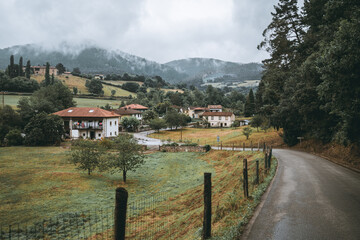 Picturesque village of Paladin in Asturias, Spain, with traditional houses, green pastures, winding...