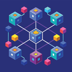 Obraz premium Photo of abstract network of interconnected cubes and nodes representing data flow and digital connections in a modern, geometric, isometric style with a dark blue background
