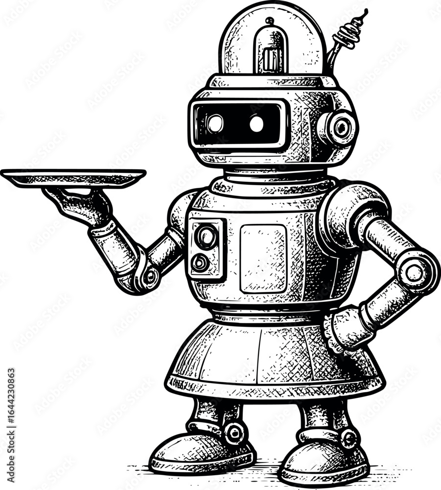 Poster retro-futuristic robot assistant sketch. 1940s mechanical design with art deco influence