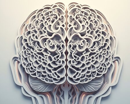 The complexity of thought visualized as a 3D brain made of intricate, layered lines, a metaphor for neural pathways
