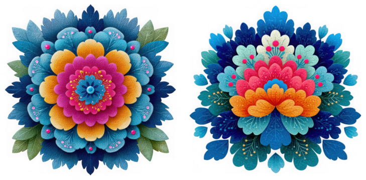 Two colorful floral mandala designs with intricate patterns, isolated on transparent background