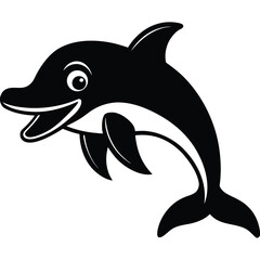 Obraz premium Black silhouette of a happy jumping dolphin with a white belly on a white background animal