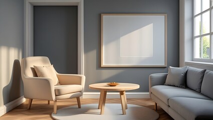 Cozy Digital Rendering of a Living Room with Grey Sofa, Beige Armchair, and Empty Frame
