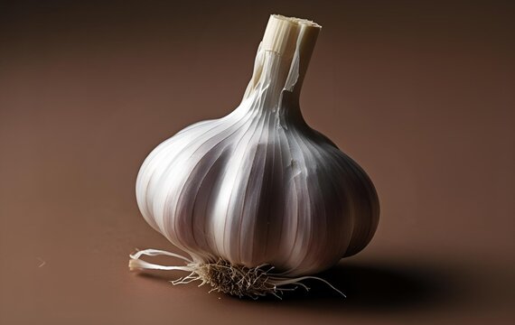 One garlic on brown background