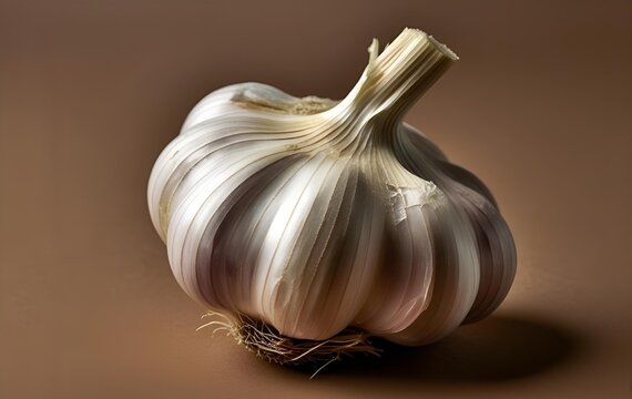 One garlic on brown background
