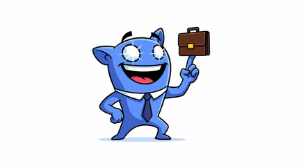 Smiling blue cartoon character holding briefcase representing business success and professional achievement