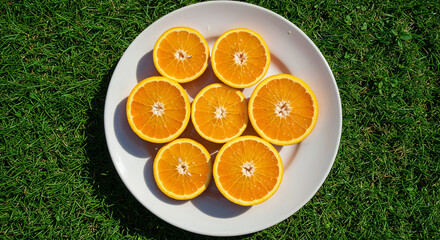 top view of sliced orange, lemon and grapefruit on white plate isolated on green