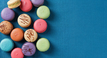 tasty french macaroons on blue background with copy space