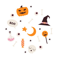 Set of hand drawn halloween elements and symbols in flat style. Holiday collection in simple geometric shapes. Pumpkin, potion, hat, skull and candy stickers