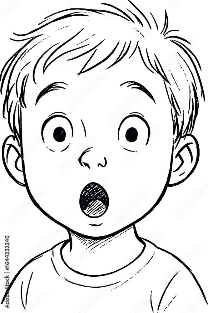 Poster surprised child portrait sketch. emotional expression in vector line art.
