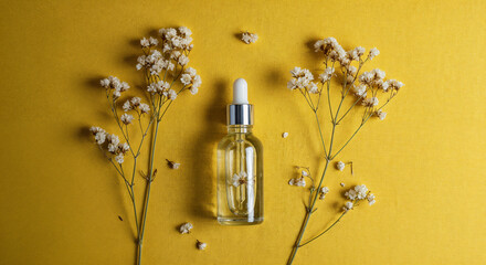 top view of bottle with organic beauty product and dried white wildflowers inside on yellow