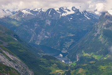 Beautiful view of Geiranger fjord from Dalsnibba and Flydalsjuvet viewpoint (Norway)