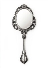 A vintage silver hand mirror with intricate detailing, ideal for personal grooming or decorative purposes, ideal for advertising, marketing, website backgrounds, banners, and commercial design