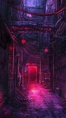 A narrow, neon-lit alleyway with purple and red hues, featuring a glowing door and intricate wiring, ideal for futuristic or cyberpunk themes, ideal for advertising, marketing, website backgrounds