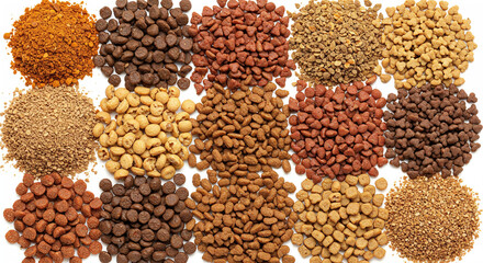 top view of assorted dry pet food in piles isolated on white, panoramic shot