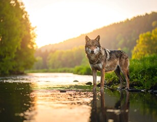 Wolf by river at golden hour