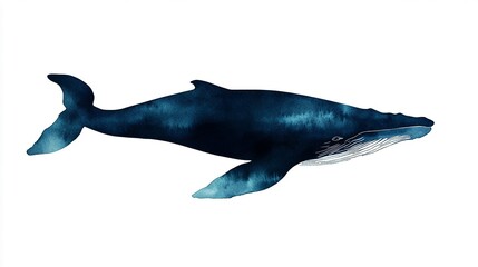 Illustration of a blue whale in a flat lay style, showcasing its distinctive shape and features against a white background, ideal for advertising, marketing, website backgrounds, banners