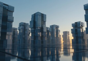Obraz premium Futuristic cityscape with towering geometric skyscrapers reflecting on a glassy surface