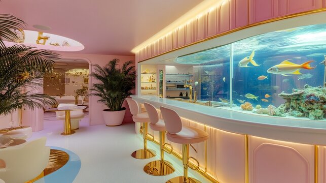A luxurious modern bar featuring a large aquarium, pink and gold decor, and stylish seating, ideal for upscale dining experiences, ideal for advertising, marketing, website backgrounds, banners