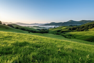 Obraz premium A scenic view of rolling green hills with fog in the valleys under a clear blue sky at sunrise or sunset