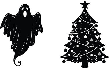 Black Ghost and Christmas Tree Vector, Halloween Meets Holiday Design with Festive Ornaments and Decorations